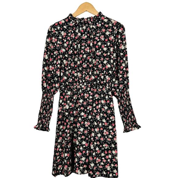 Floral Mock Neck Dress Blouson Poof Sleeve Elastic Waist Black Pink - M - Picture 1 of 6
